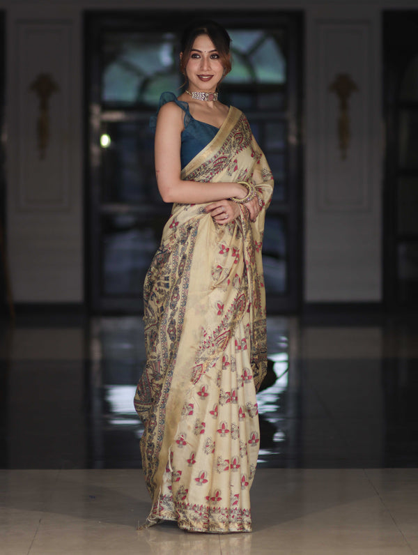 Bhagalpur Cotton Silk Ghichha Work Saree With Madhubani Print-Light Yellow