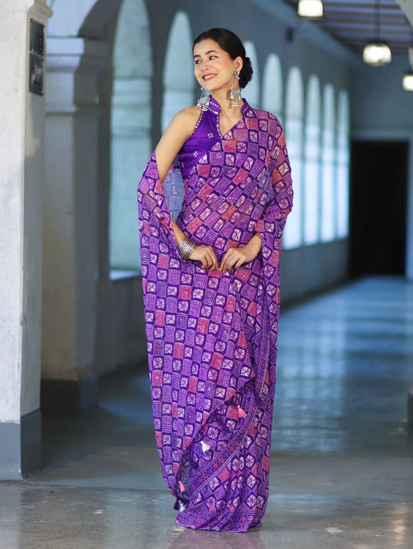 Banarasee Printed Handwork Chiffon Saree-Violet