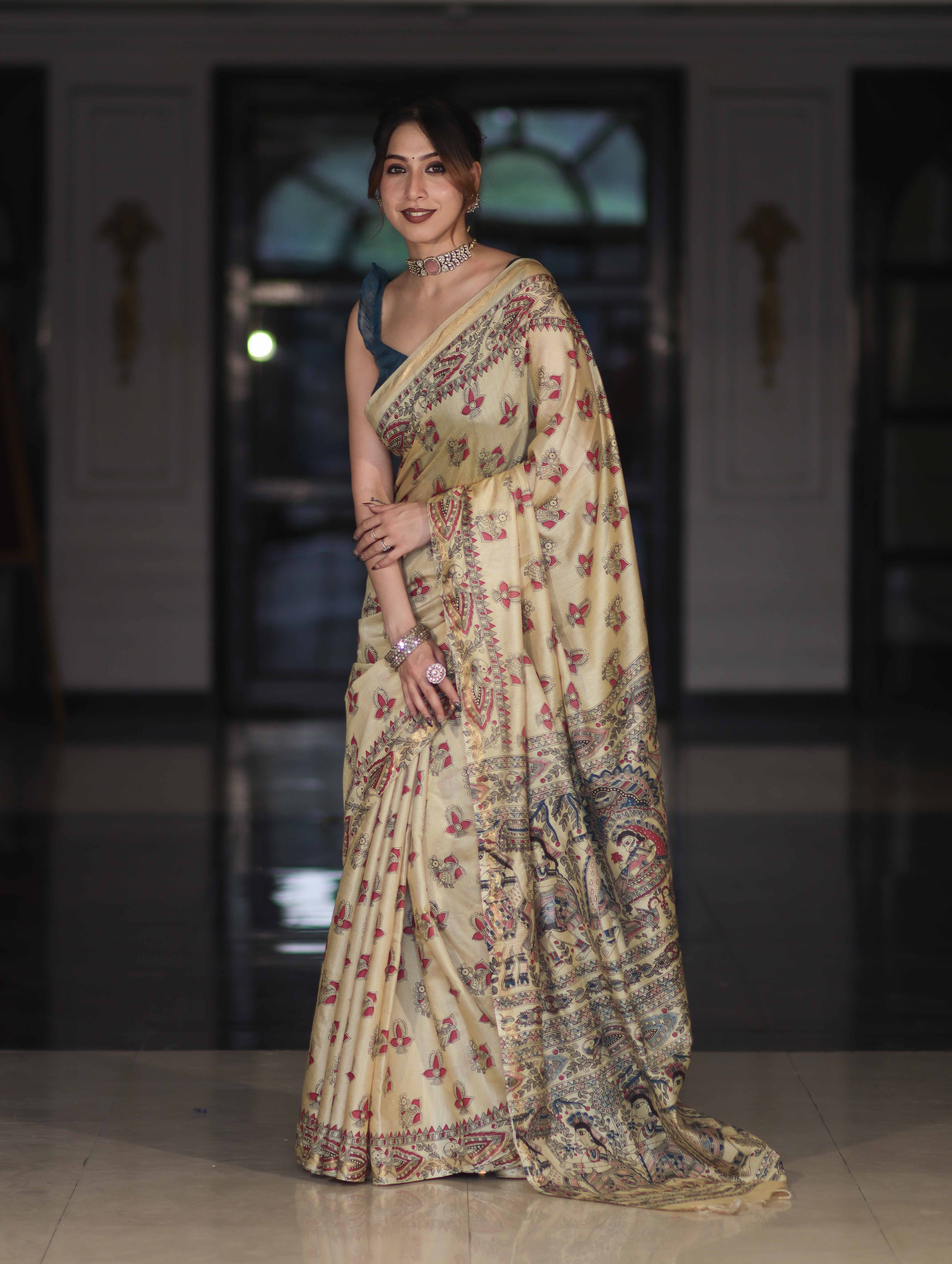 Bhagalpur Cotton Silk Ghichha Work Saree With Madhubani Print-Light Yellow