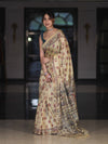 Bhagalpur Cotton Silk Ghichha Work Saree With Madhubani Print-Light Yellow