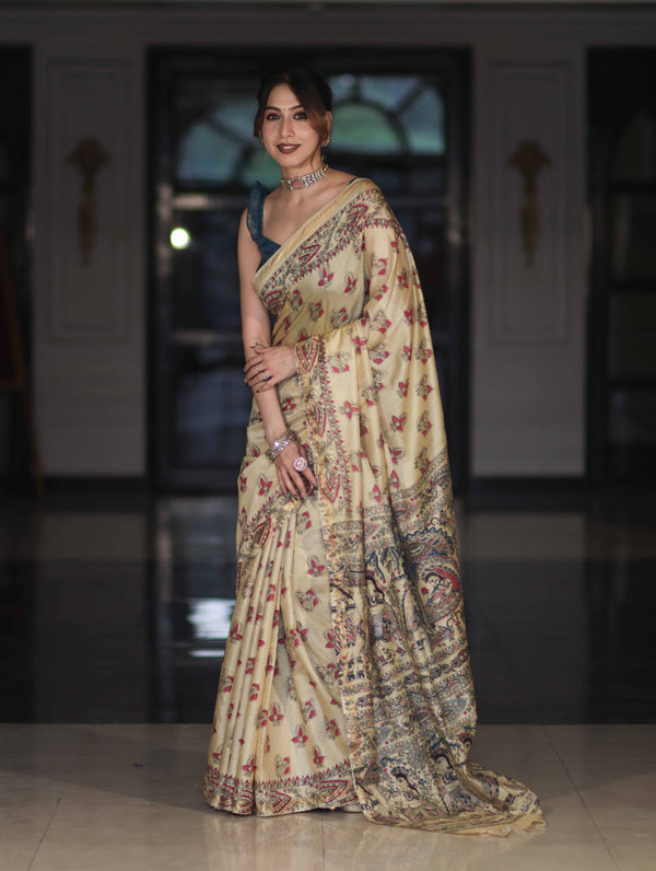 Bhagalpur Cotton Silk Ghichha Work Saree With Madhubani Print-Light Yellow
