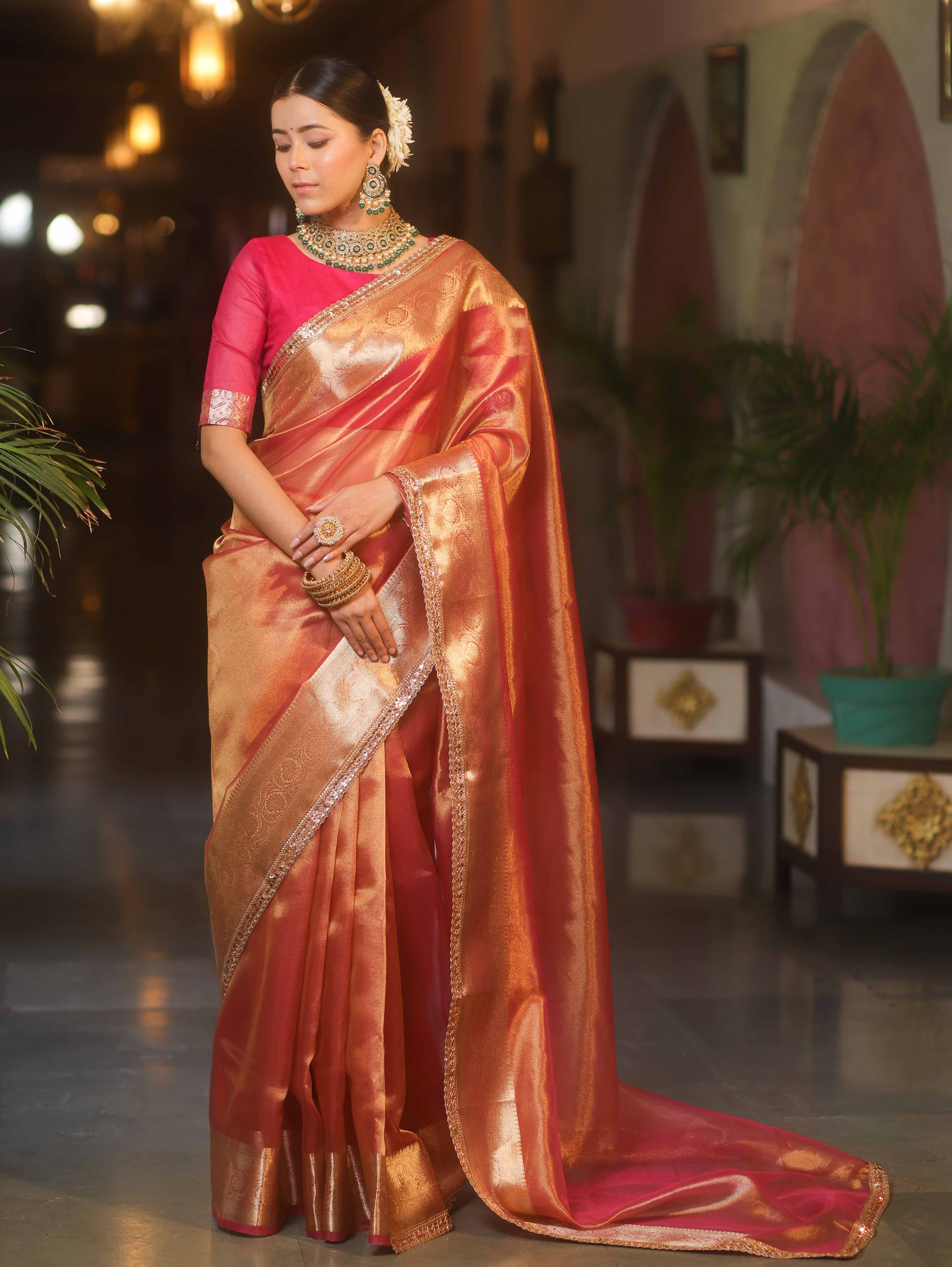 Banarasee Handwoven Plain Tissue Saree With Zari Border & Lace-Pink