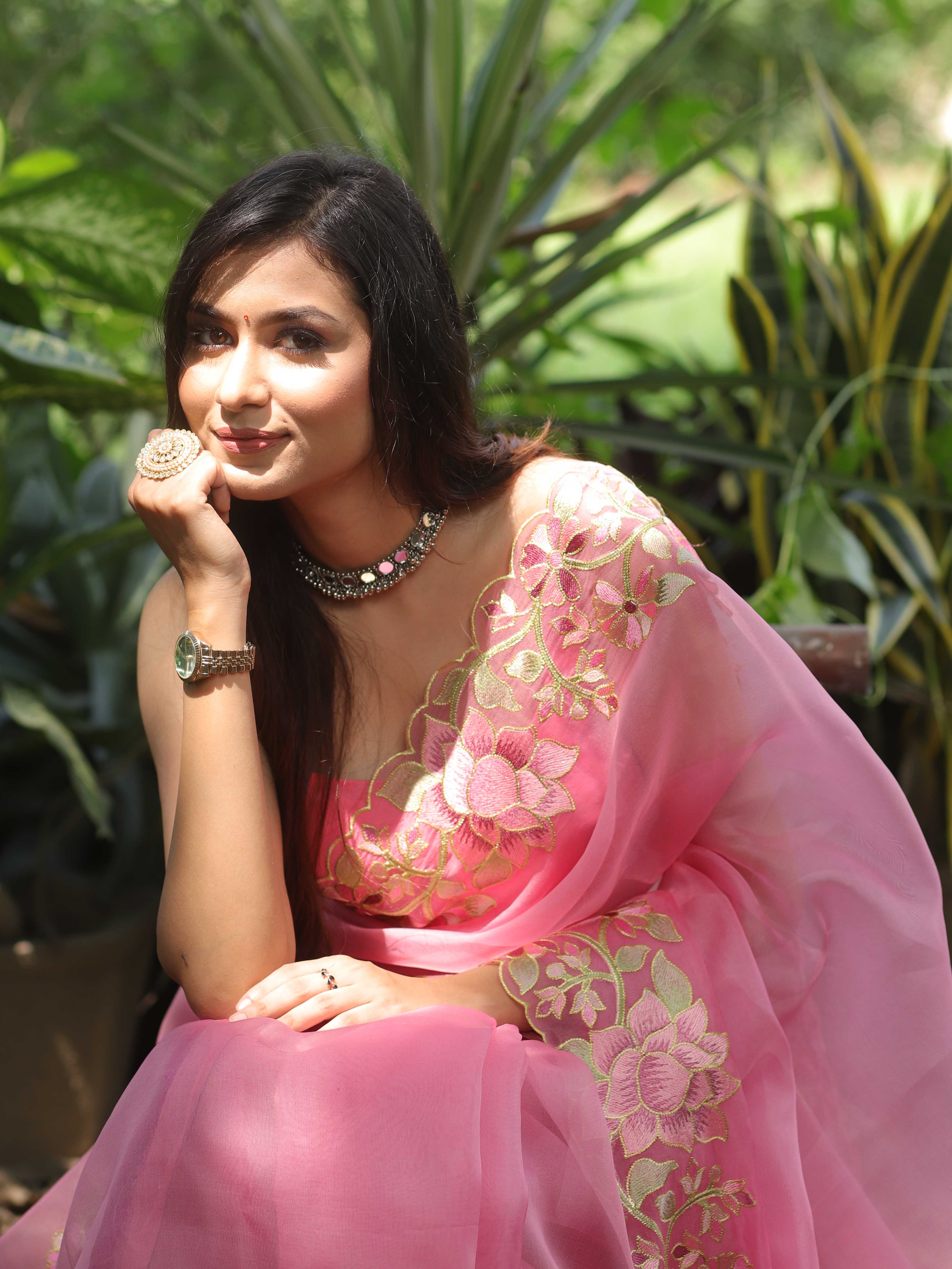 Banarasee Pure Organza Silk Saree With Floral Resham Embroidery-Pink