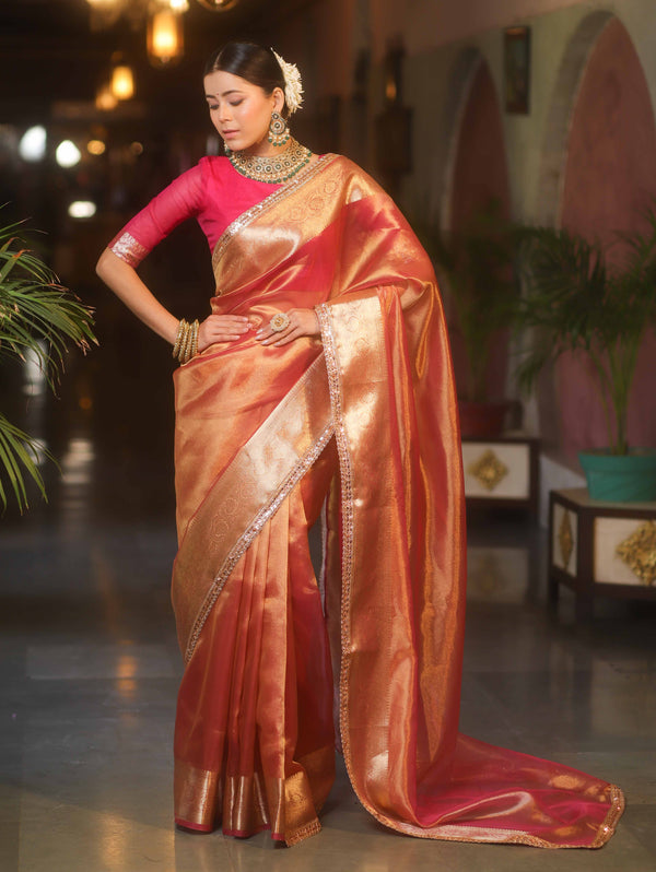 Banarasee Handwoven Plain Tissue Saree With Zari Border & Lace-Pink