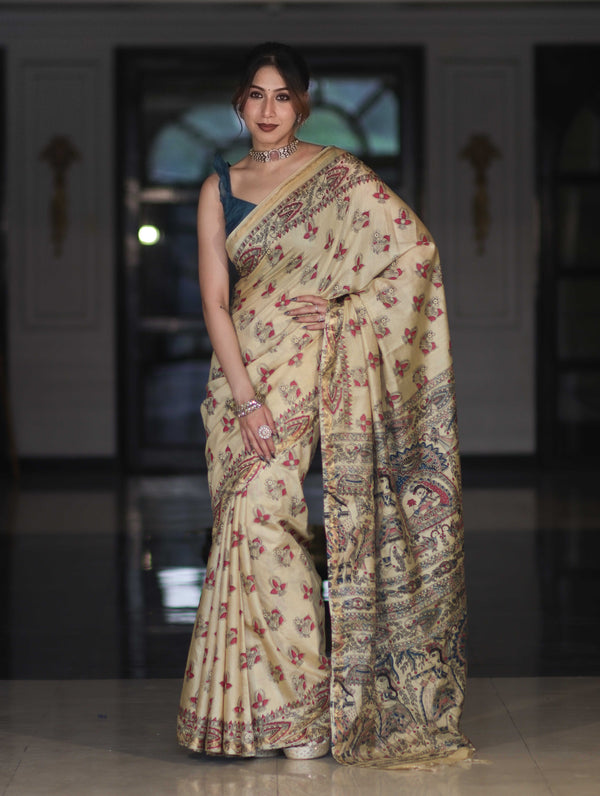 Bhagalpur Cotton Silk Ghichha Work Saree With Madhubani Print-Light Yellow