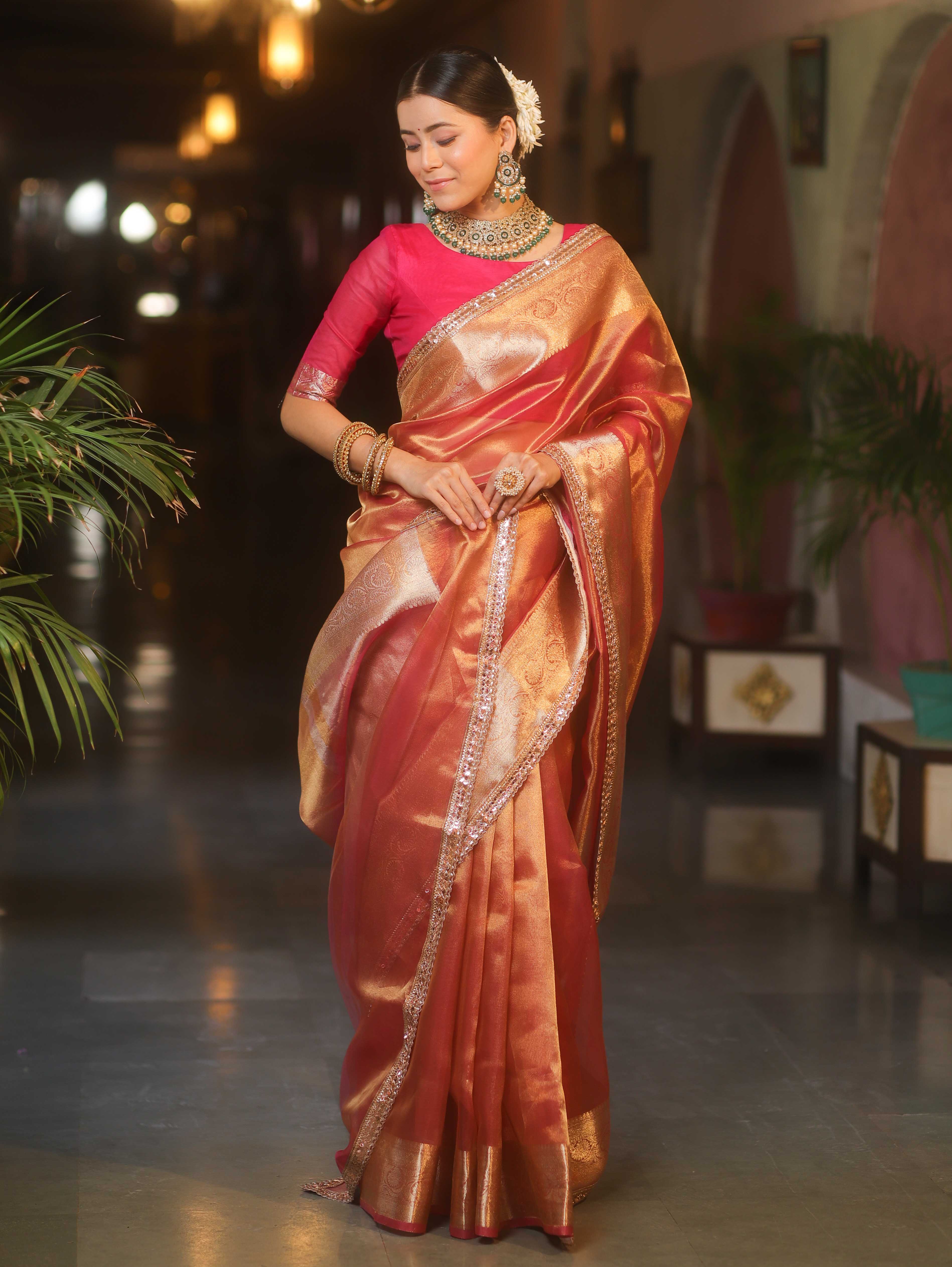 Banarasee Handwoven Plain Tissue Saree With Zari Border & Lace-Pink
