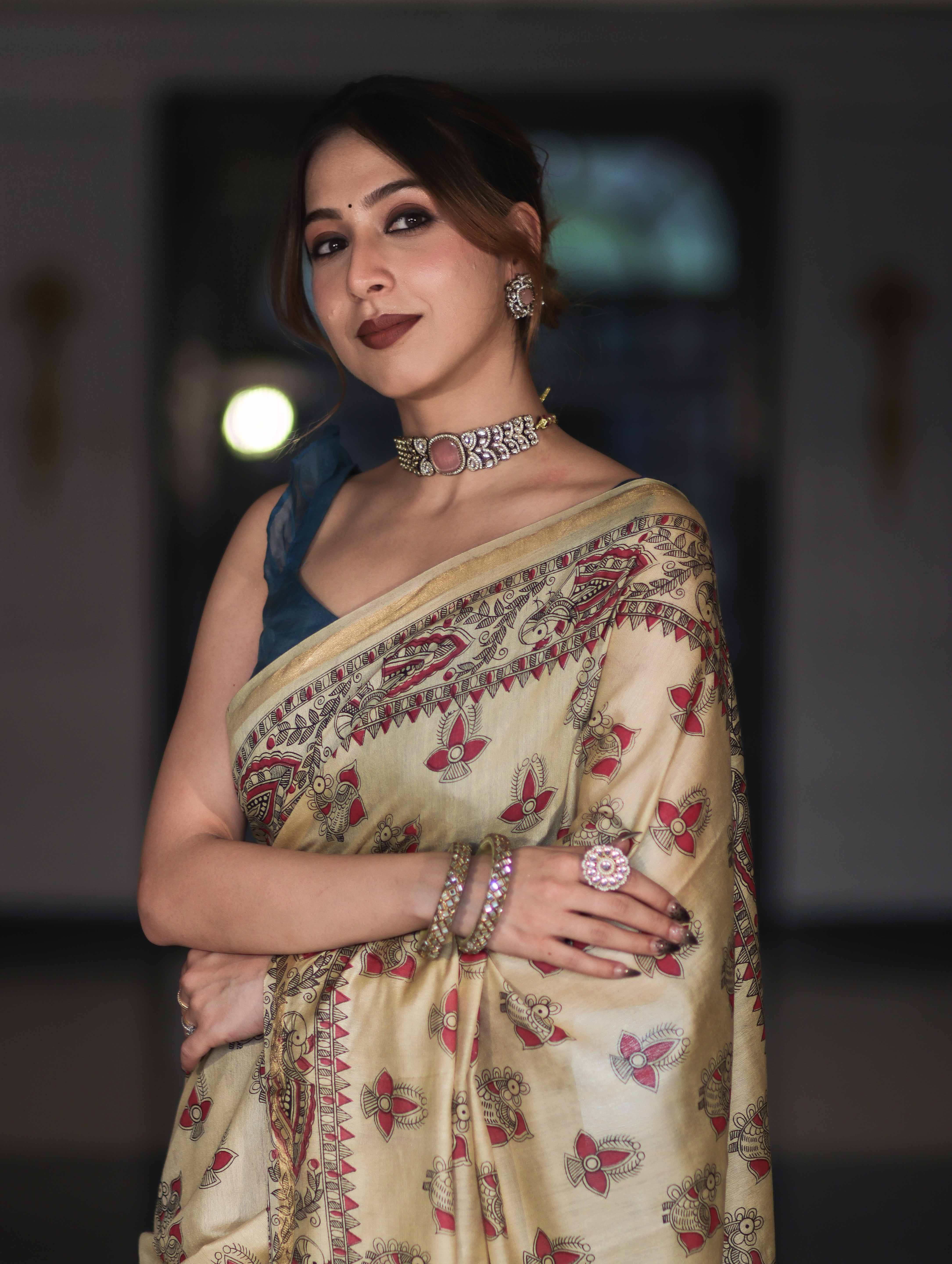 Bhagalpur Cotton Silk Ghichha Work Saree With Madhubani Print-Light Yellow