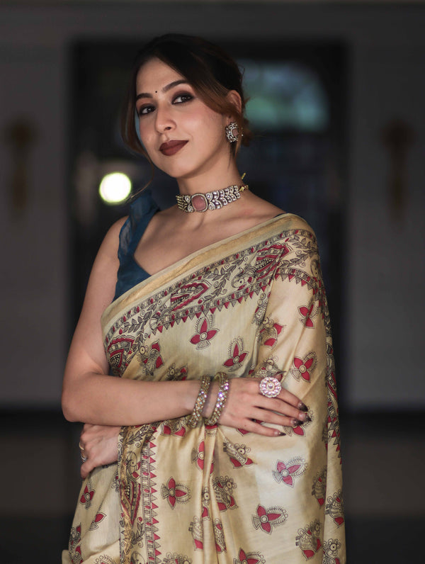 Bhagalpur Cotton Silk Ghichha Work Saree With Madhubani Print-Light Yellow