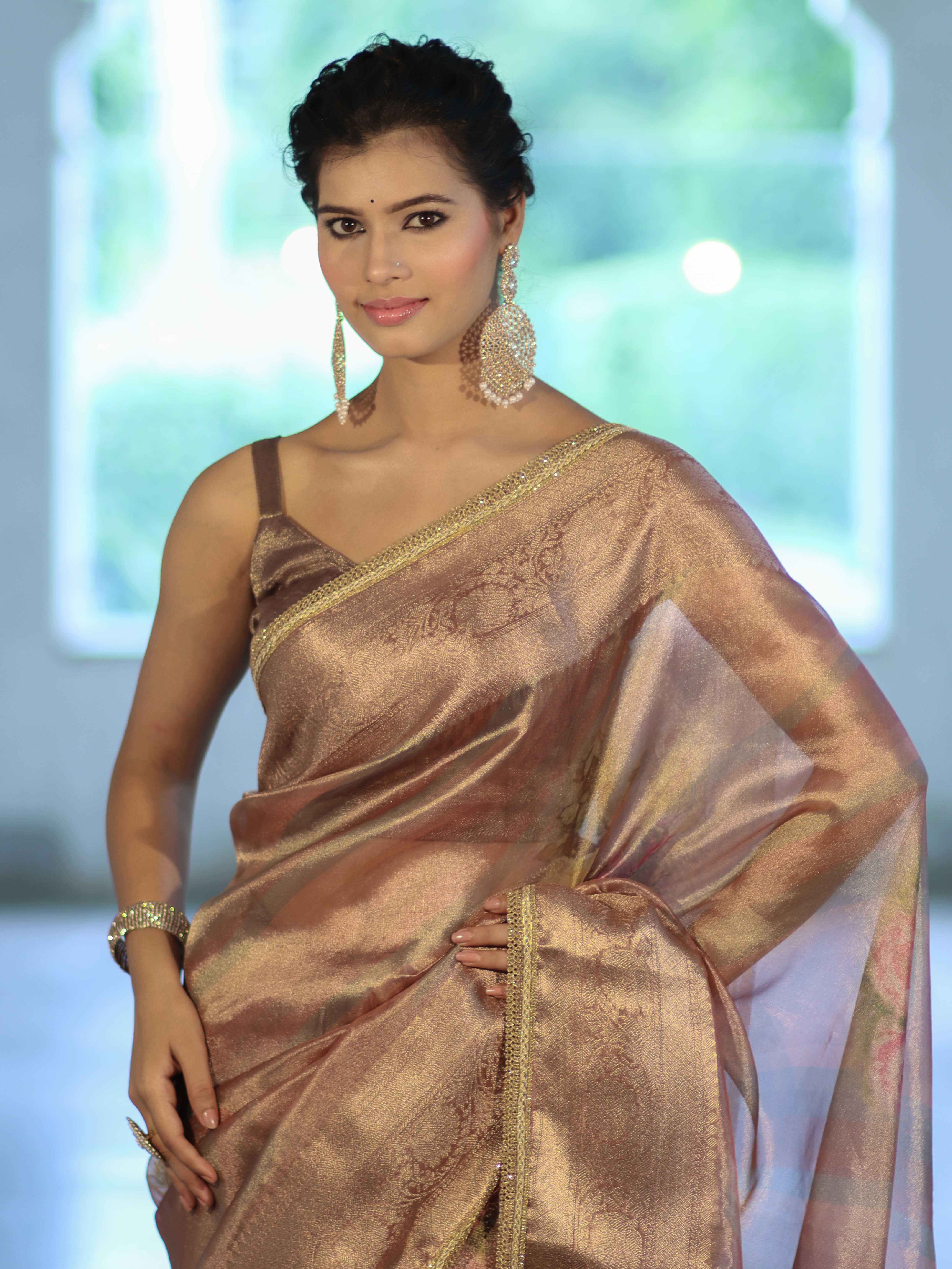 Banarasee Handwoven Tissue Saree With Digital Print & Lace-Mauve