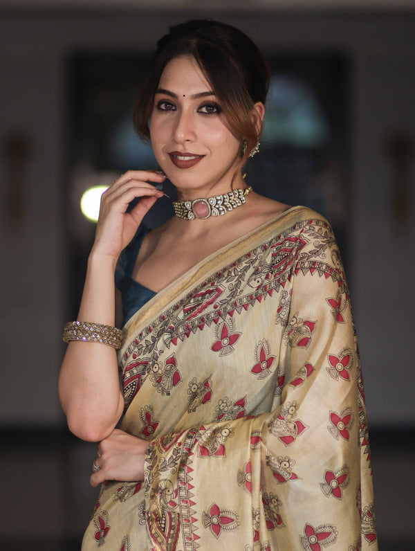 Bhagalpur Cotton Silk Ghichha Work Saree With Madhubani Print-Light Yellow