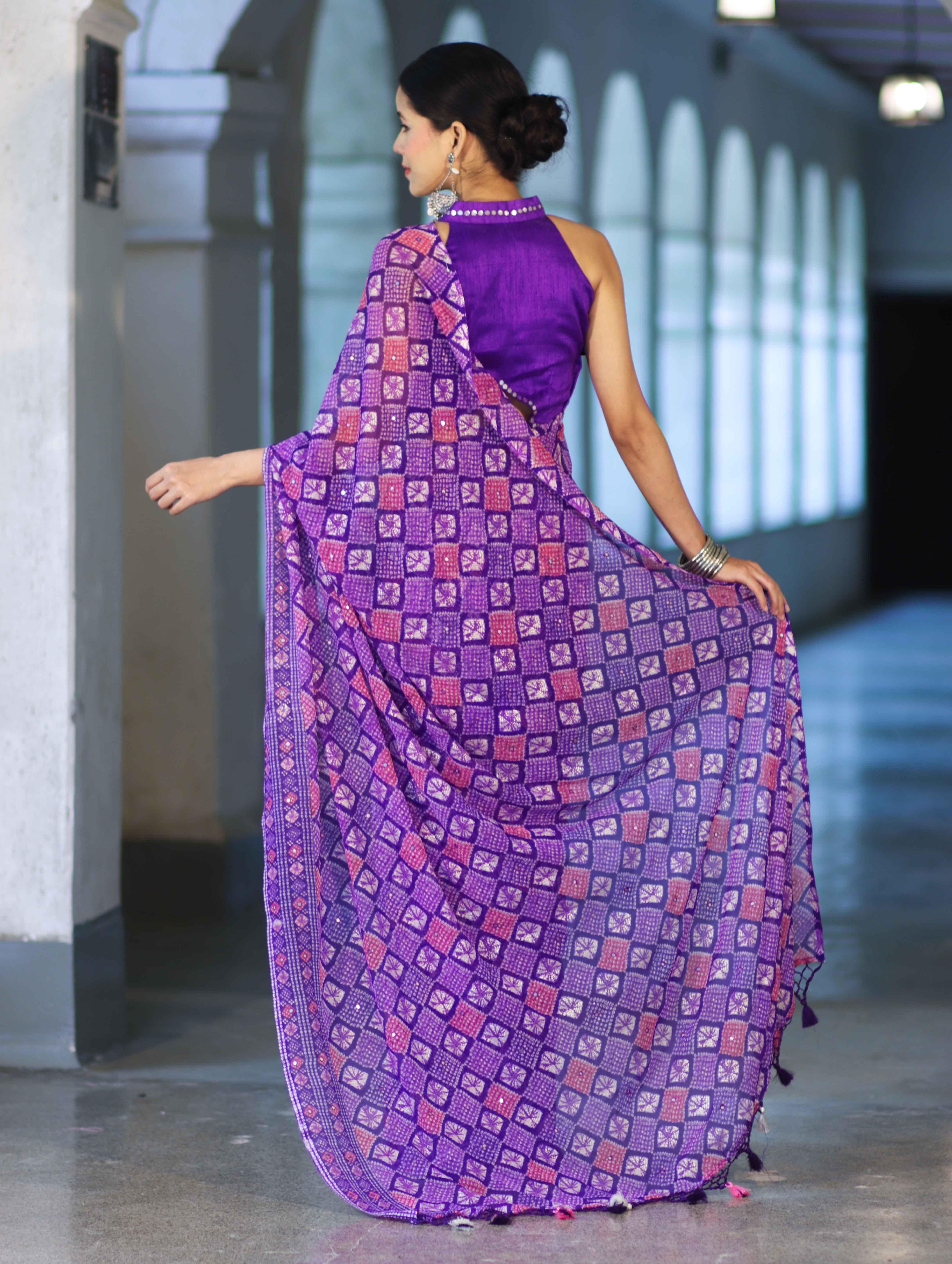 Banarasee Printed Handwork Chiffon Saree-Violet