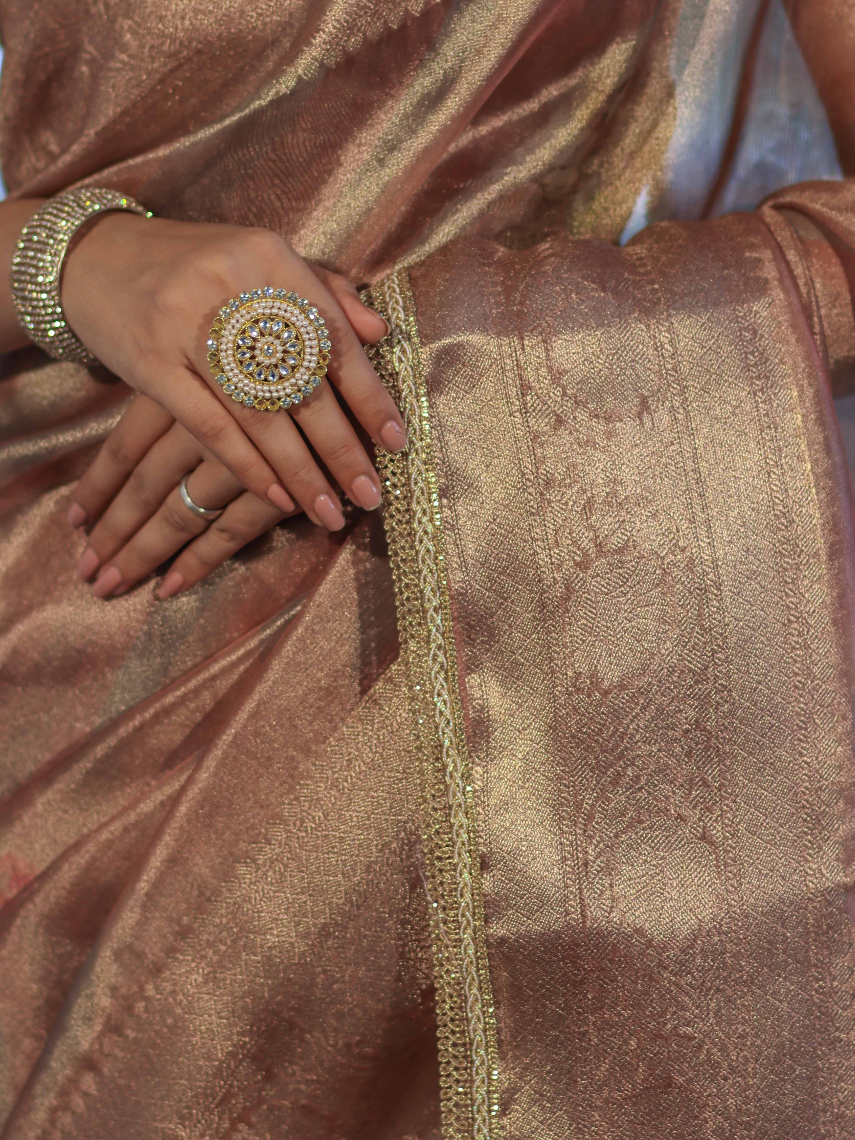 Banarasee Handwoven Tissue Saree With Digital Print & Lace-Mauve