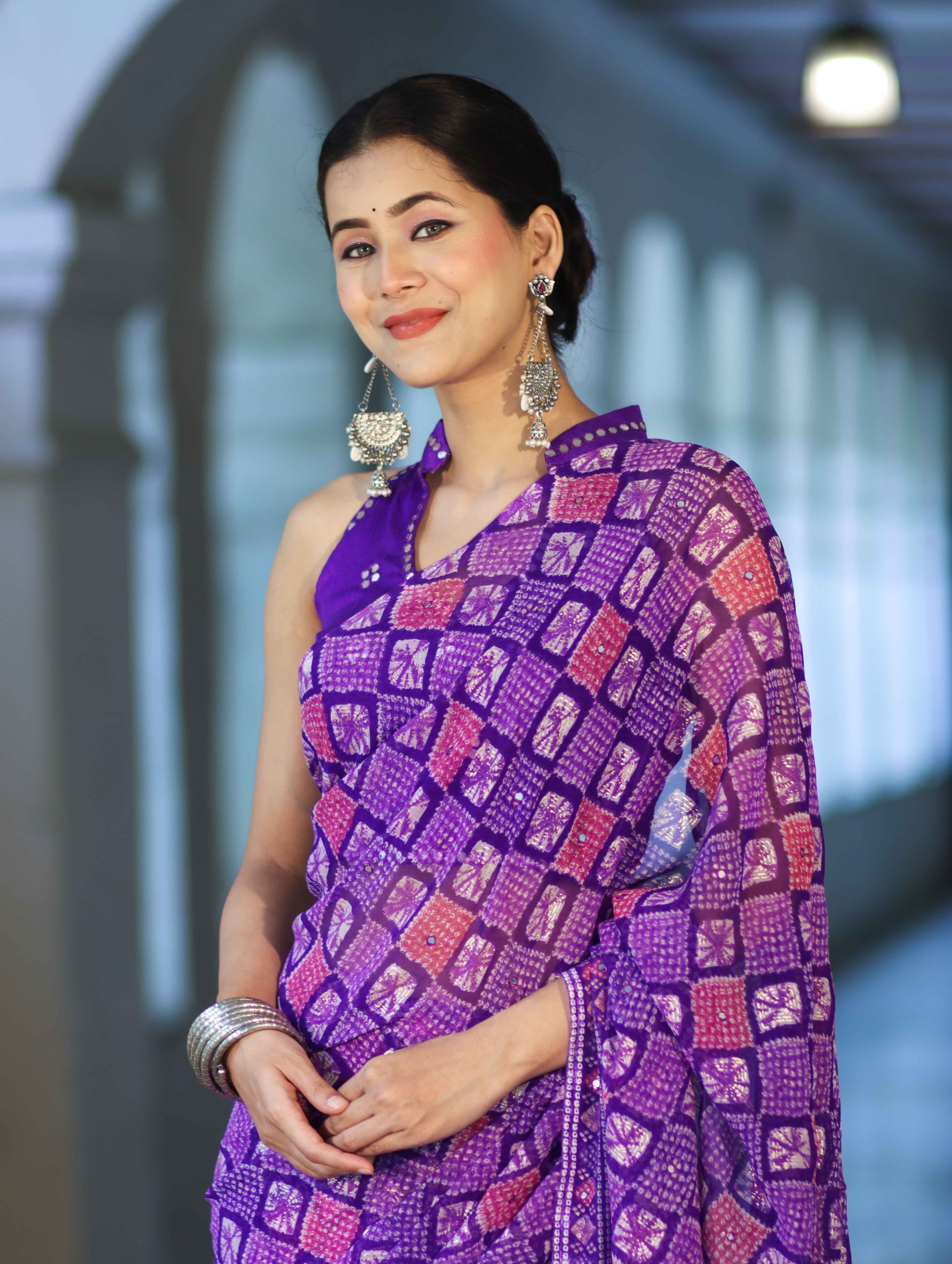 Banarasee Printed Handwork Chiffon Saree-Violet