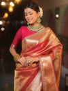 Banarasee Handwoven Plain Tissue Saree With Zari Border & Lace-Pink
