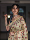 Bhagalpur Cotton Silk Ghichha Work Saree With Madhubani Print-Light Yellow