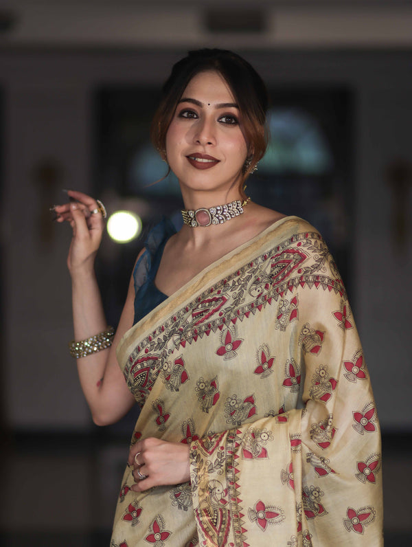 Bhagalpur Cotton Silk Ghichha Work Saree With Madhubani Print-Light Yellow