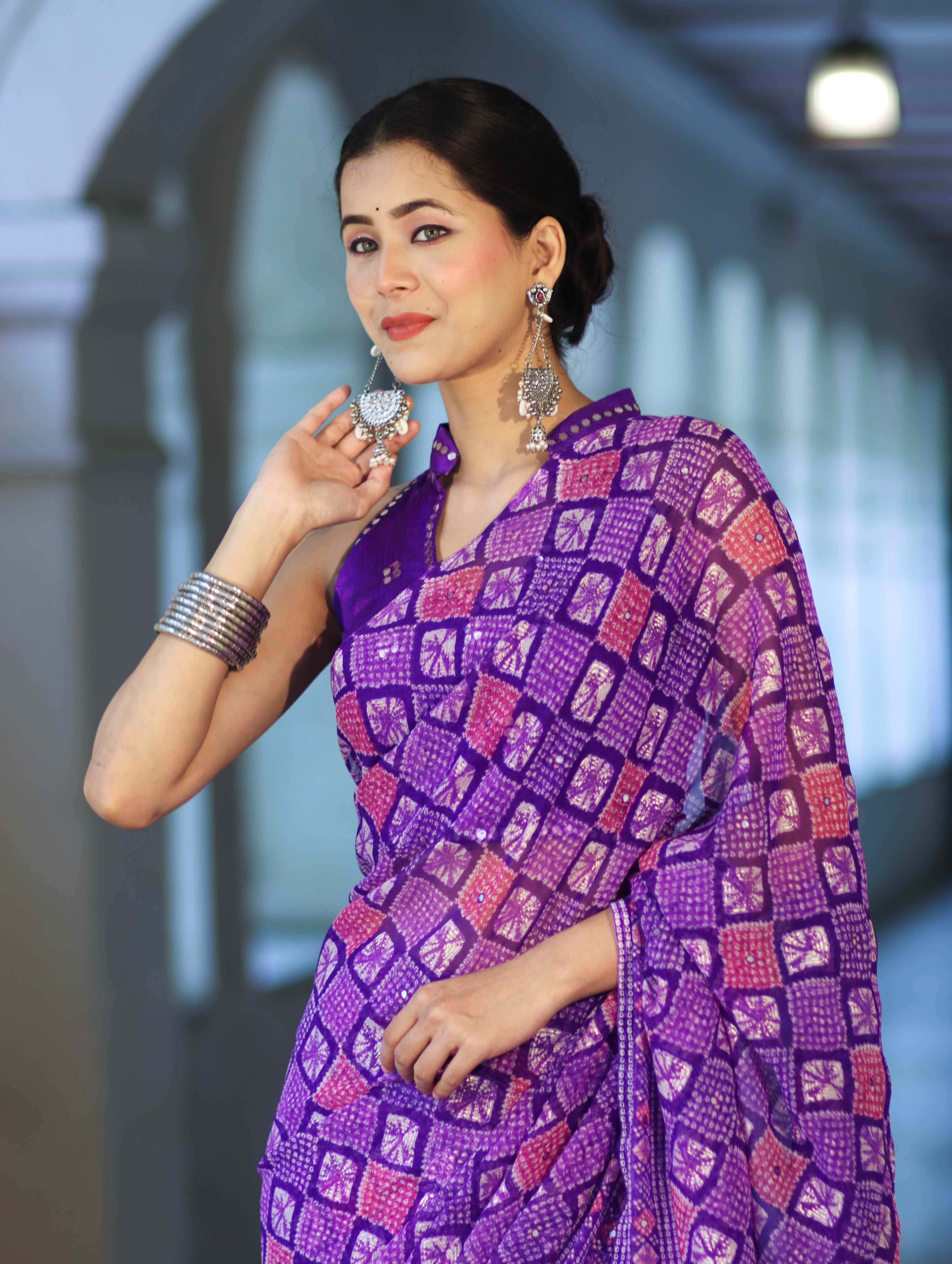 Banarasee Printed Handwork Chiffon Saree-Violet