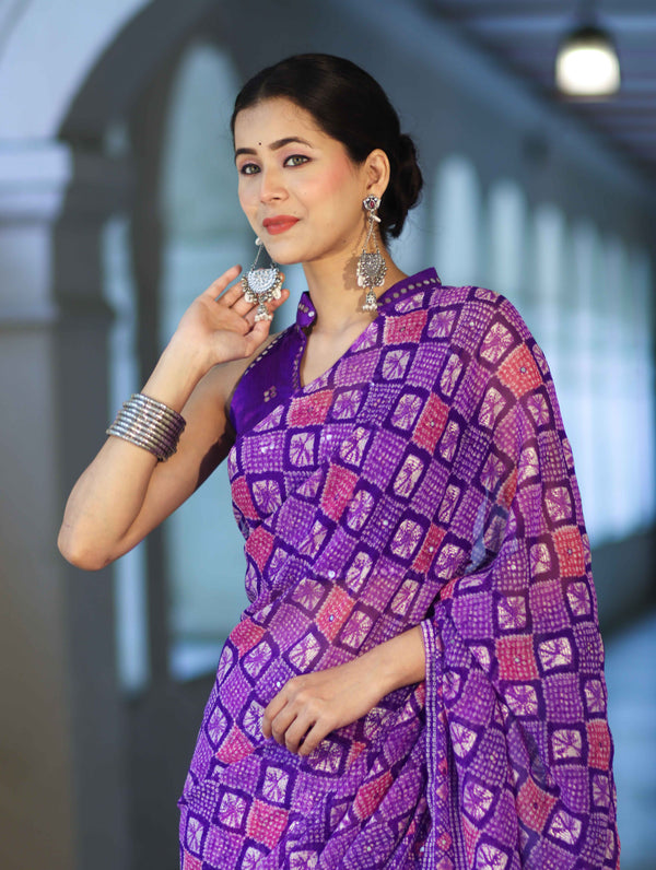 Banarasee Printed Handwork Chiffon Saree-Violet