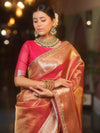 Banarasee Handwoven Plain Tissue Saree With Zari Border & Lace-Pink