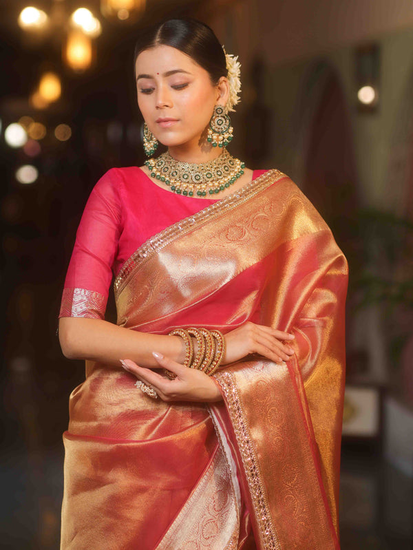 Banarasee Handwoven Plain Tissue Saree With Zari Border & Lace-Pink