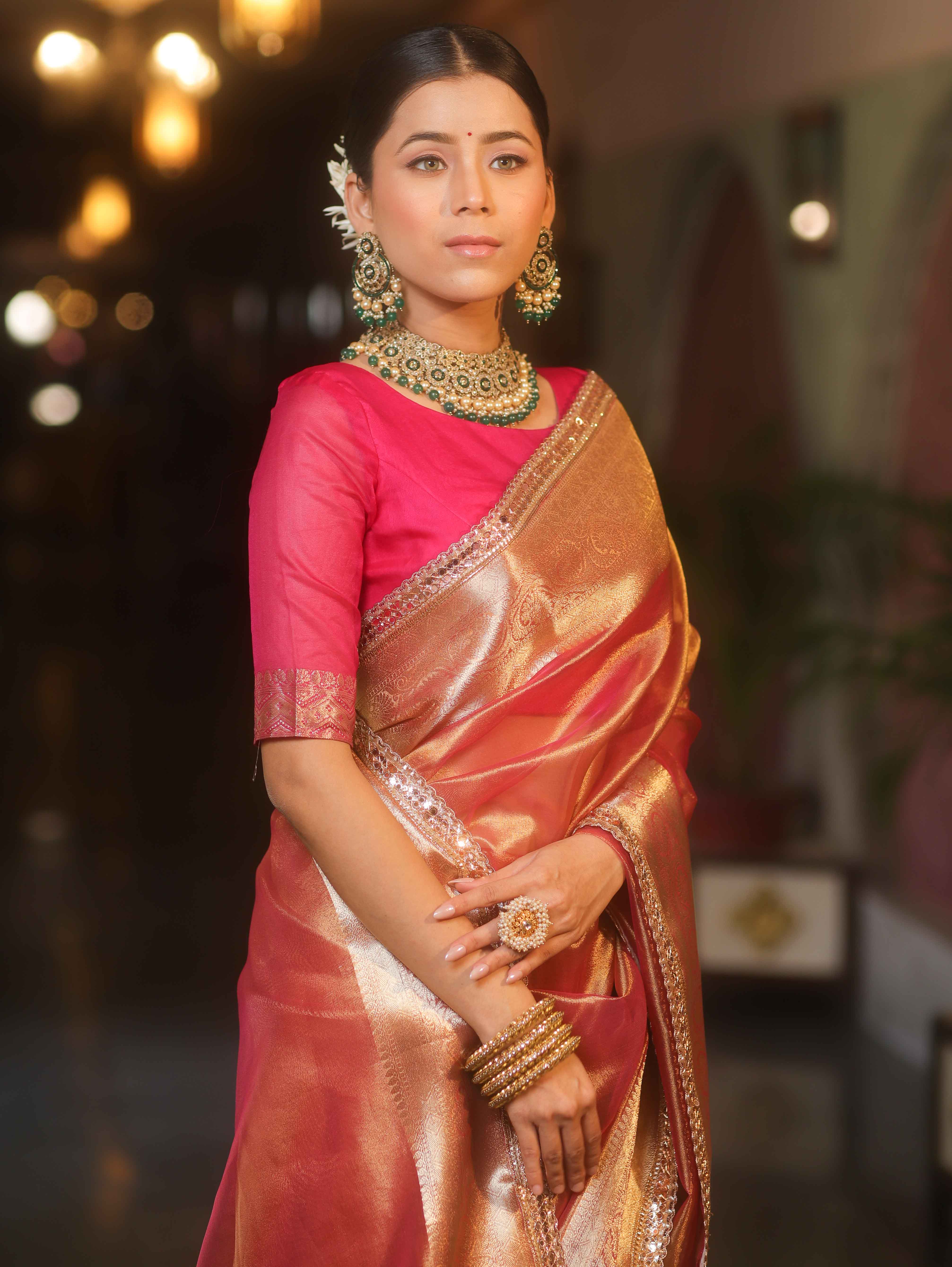 Banarasee Handwoven Plain Tissue Saree With Zari Border & Lace-Pink