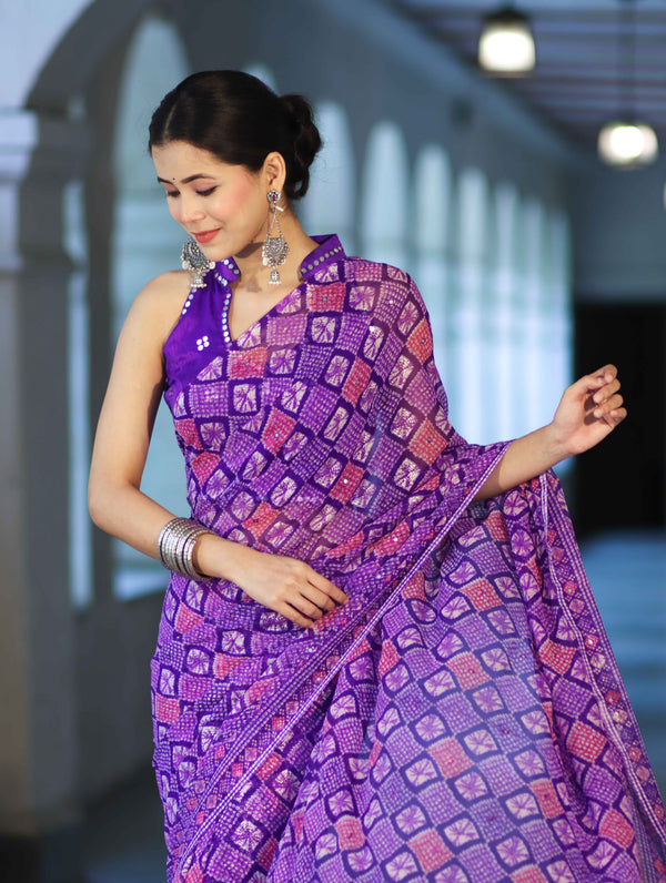 Banarasee Printed Handwork Chiffon Saree-Violet