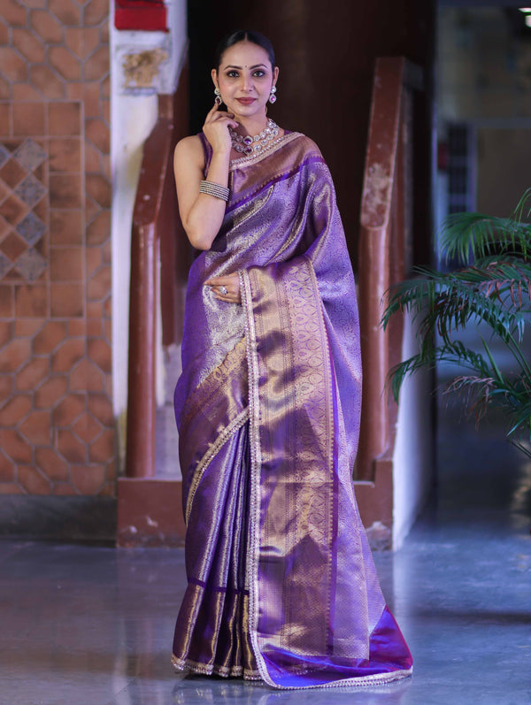 Banarasee Handloom Tissue Saree With Zari Woven Design Broad Border & Lace-Purple