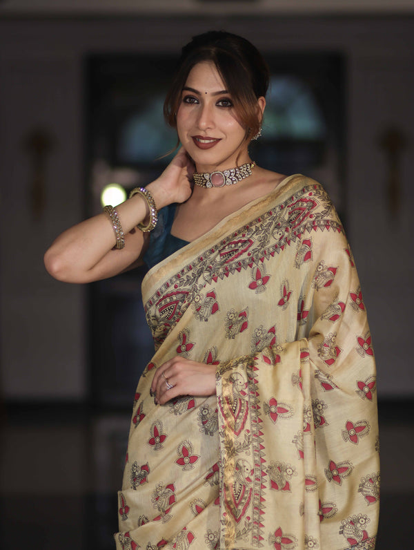 Bhagalpur Cotton Silk Ghichha Work Saree With Madhubani Print-Light Yellow
