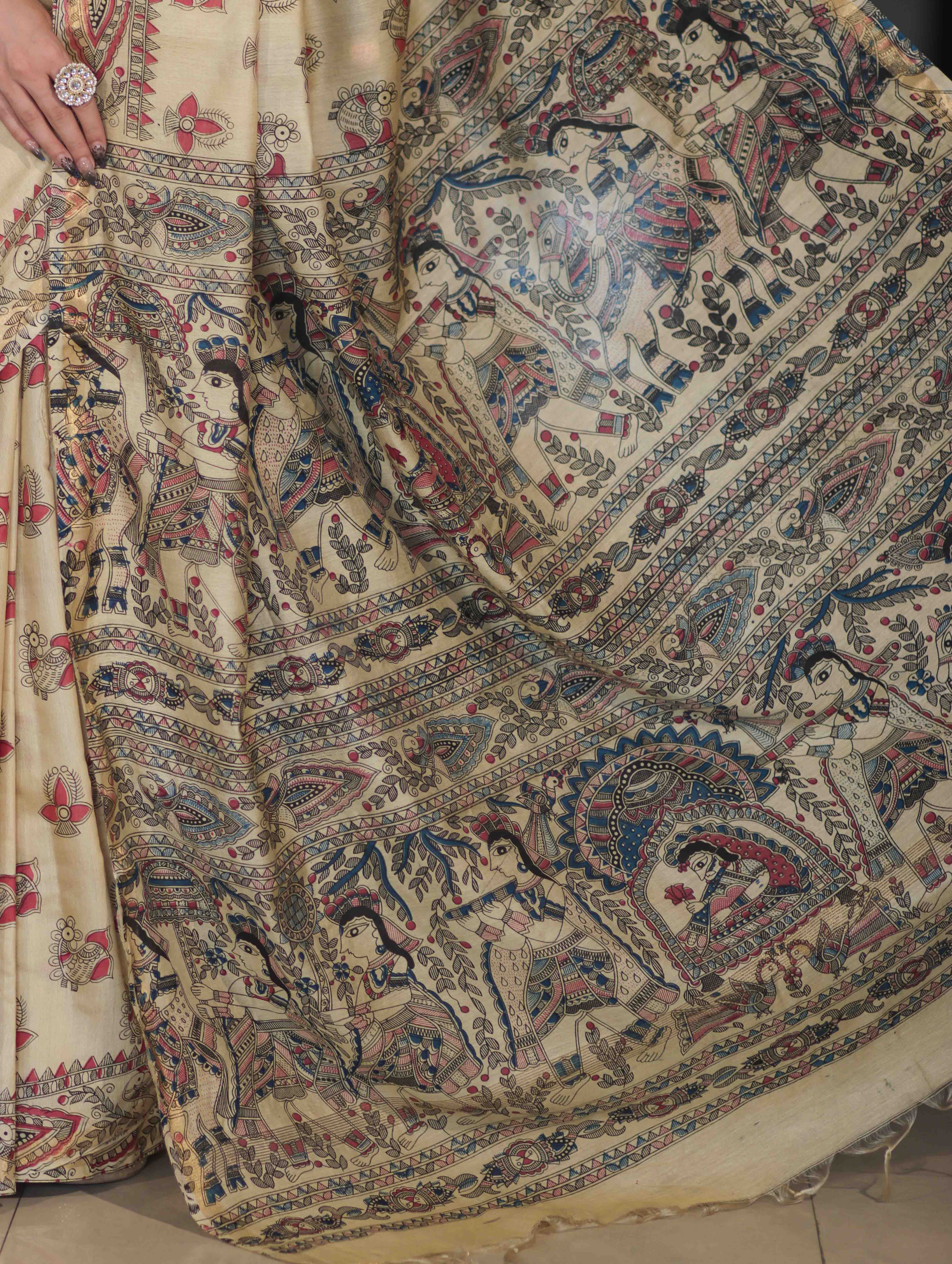 Bhagalpur Cotton Silk Ghichha Work Saree With Madhubani Print-Light Yellow