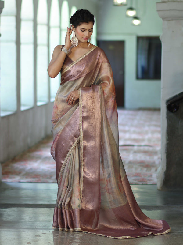 Banarasee Handwoven Tissue Saree With Digital Print & Lace-Onion Pink