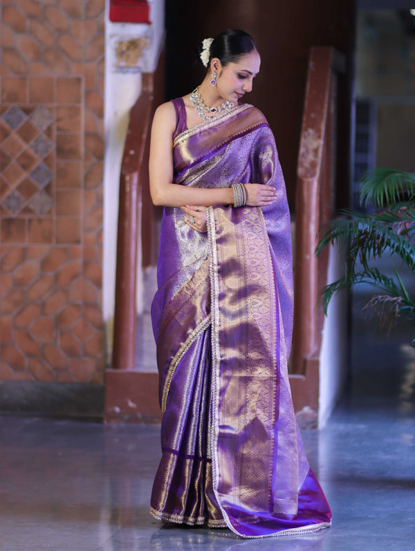 Banarasee Handloom Tissue Saree With Zari Woven Design Broad Border & Lace-Purple