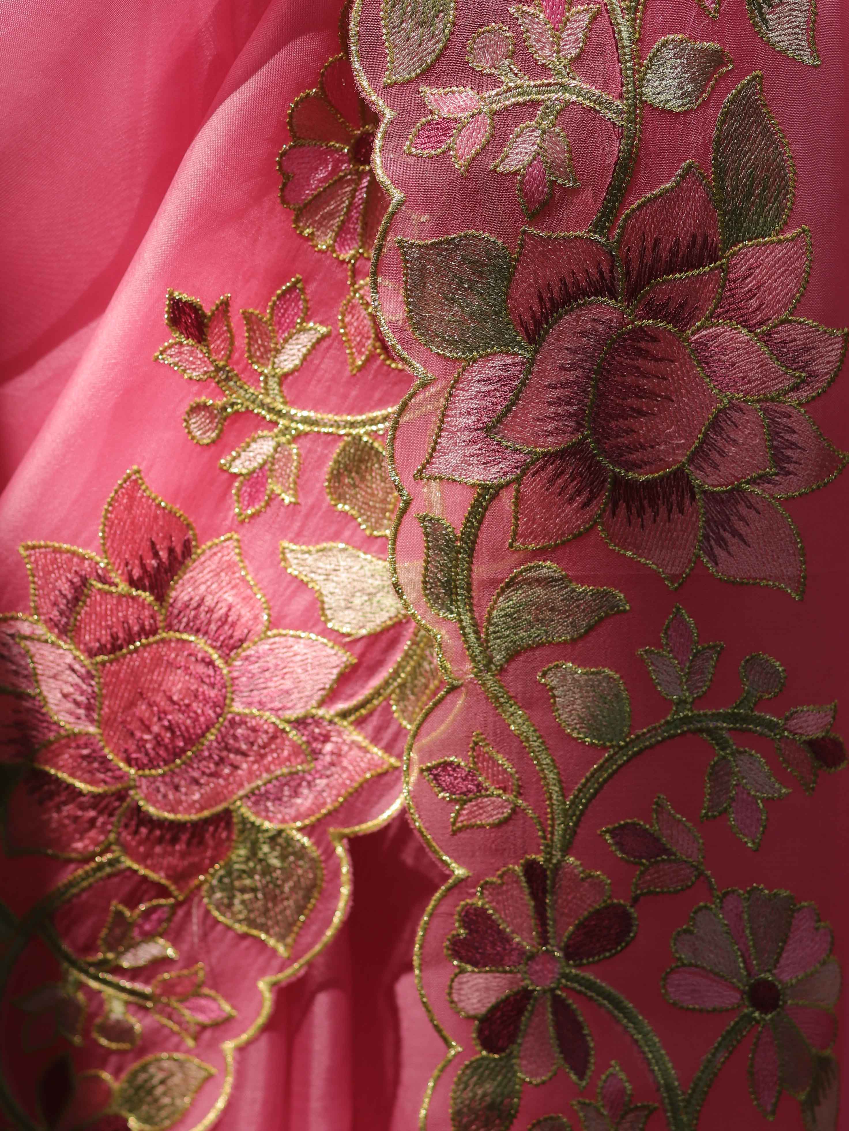 Banarasee Pure Organza Silk Saree With Floral Resham Embroidery-Pink