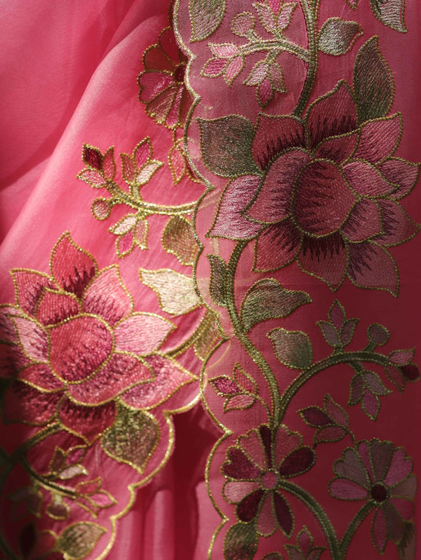 Banarasee Pure Organza Silk Saree With Floral Resham Embroidery-Pink