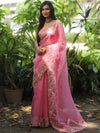 Banarasee Pure Organza Silk Saree With Floral Resham Embroidery-Pink