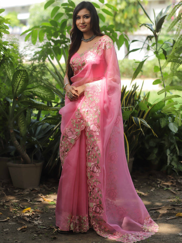Banarasee Pure Organza Silk Saree With Floral Resham Embroidery-Pink
