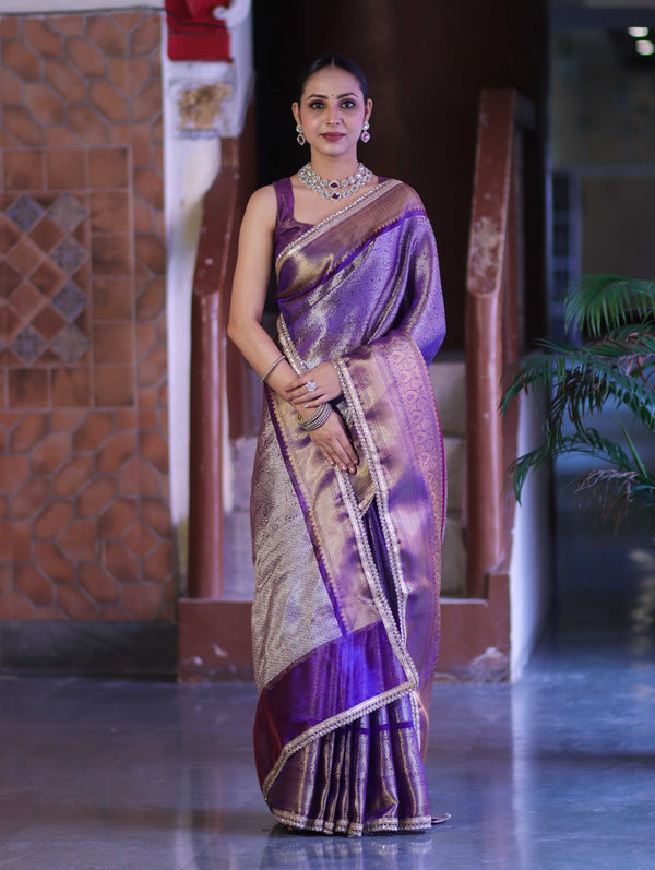 Banarasee Handloom Tissue Saree With Zari Woven Design Broad Border & Lace-Purple