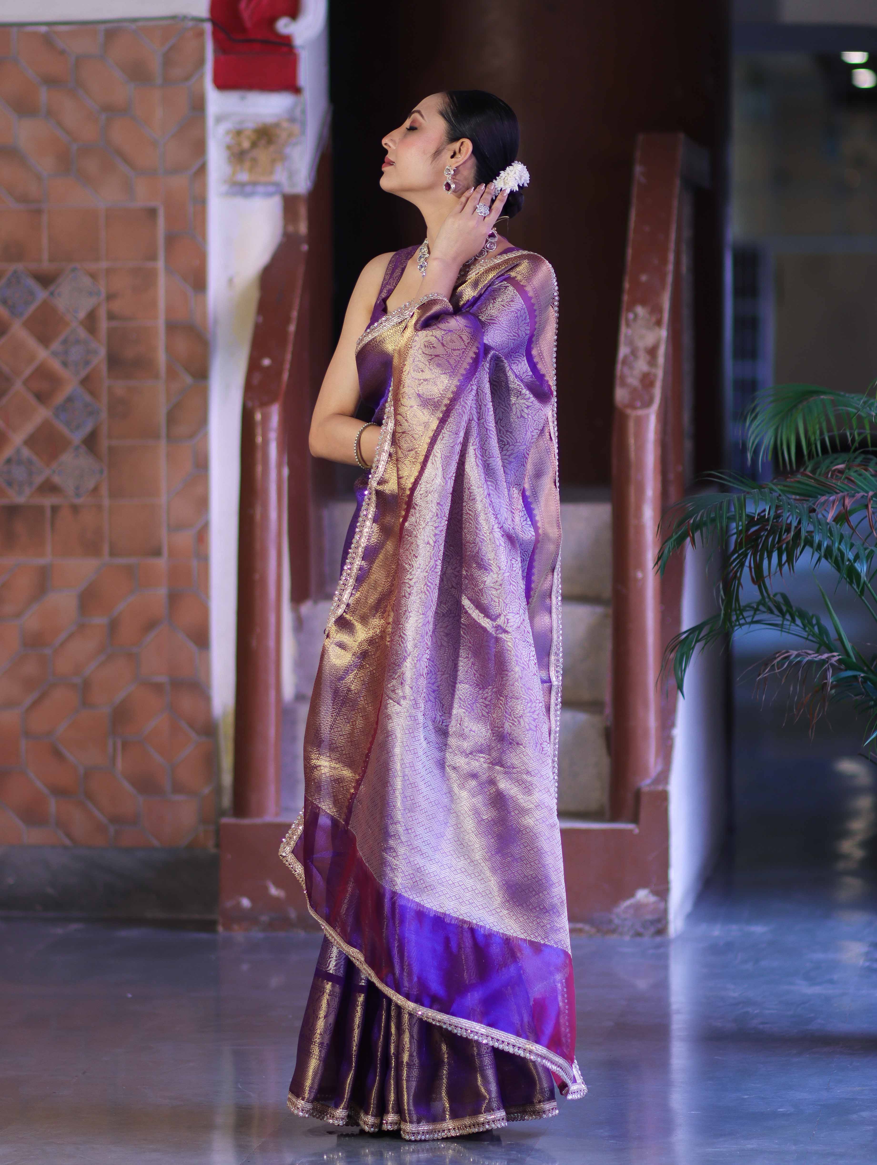 Banarasee Handloom Tissue Saree With Zari Woven Design Broad Border & Lace-Purple