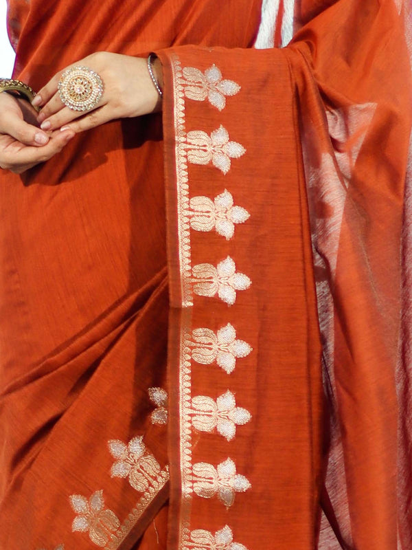 Banarasee Handloom Cotton Silk Saree With Zari Floral Border-Rust