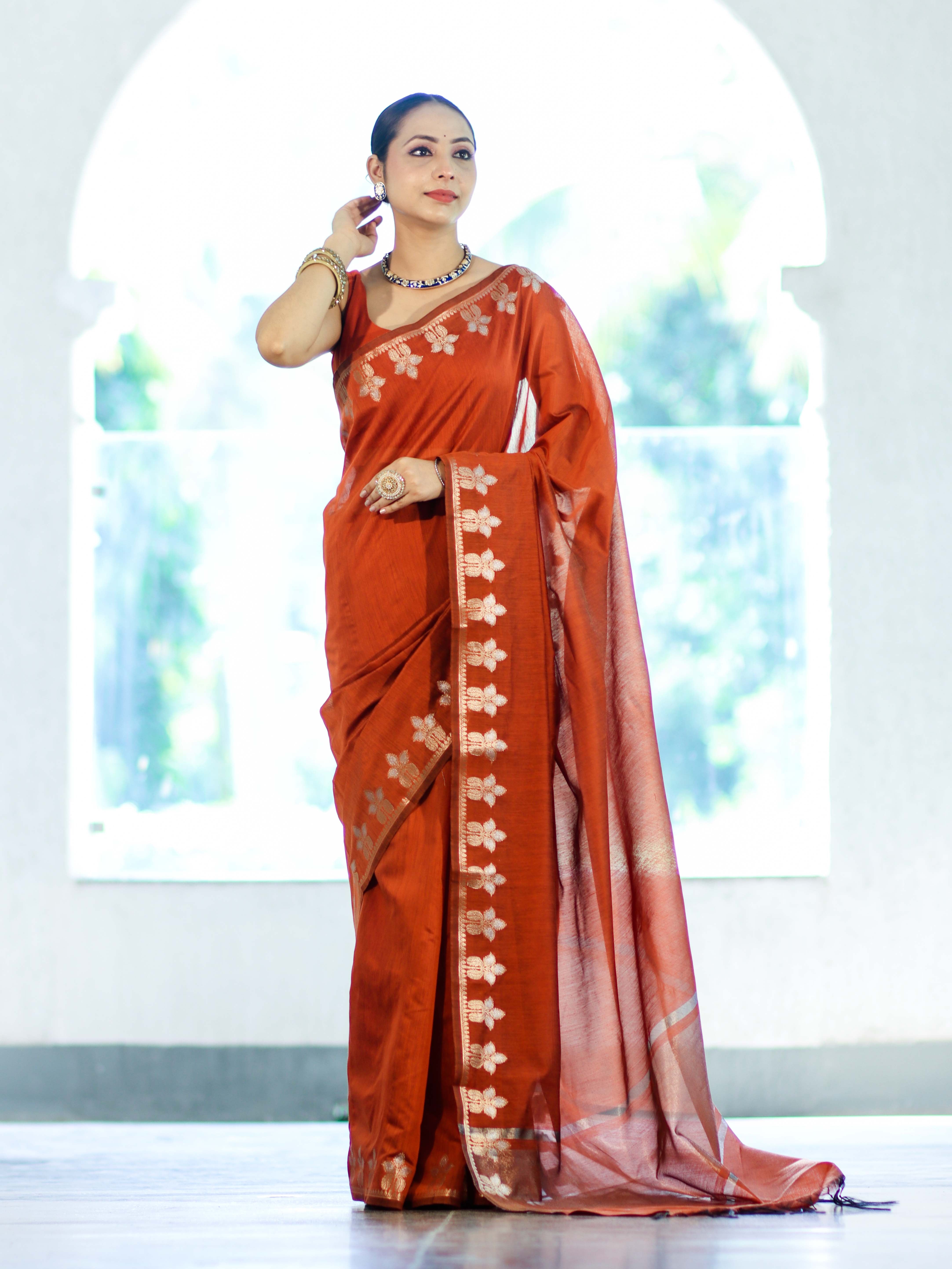Banarasee Handloom Cotton Silk Saree With Zari Floral Border-Rust