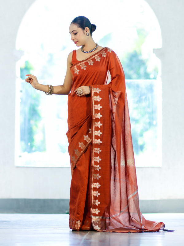 Banarasee Handloom Cotton Silk Saree With Zari Floral Border-Rust