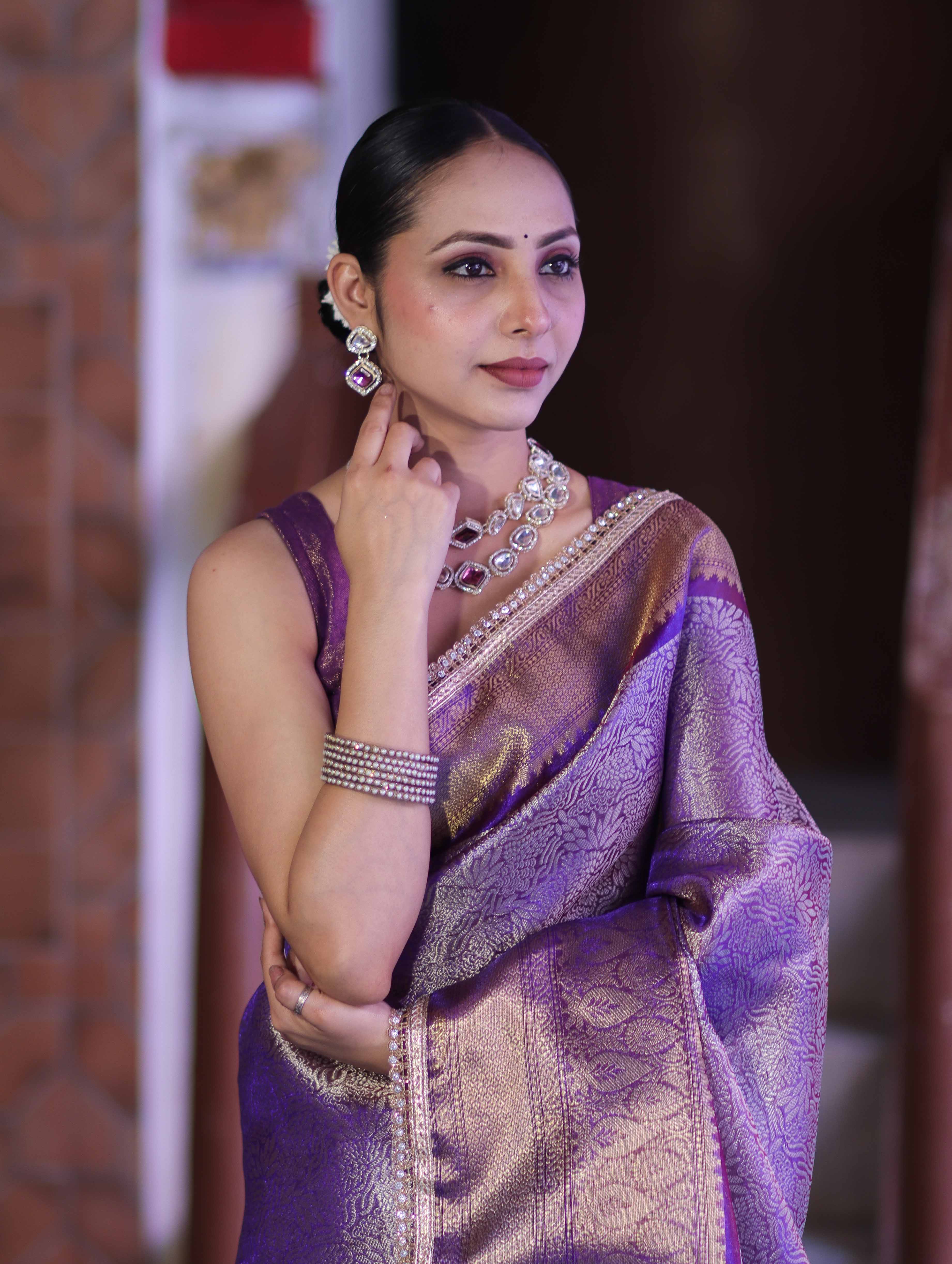 Banarasee Handloom Tissue Saree With Zari Woven Design Broad Border & Lace-Purple