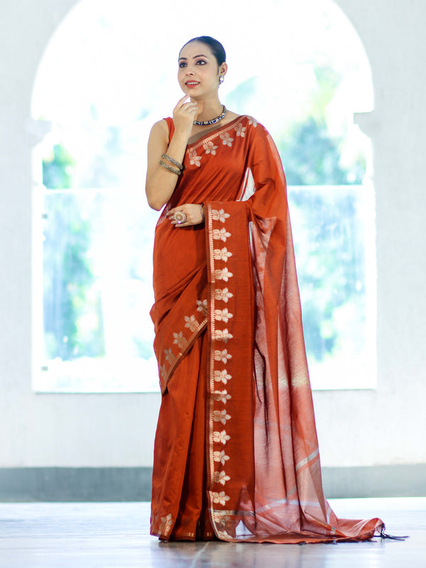 Banarasee Handloom Cotton Silk Saree With Zari Floral Border-Rust