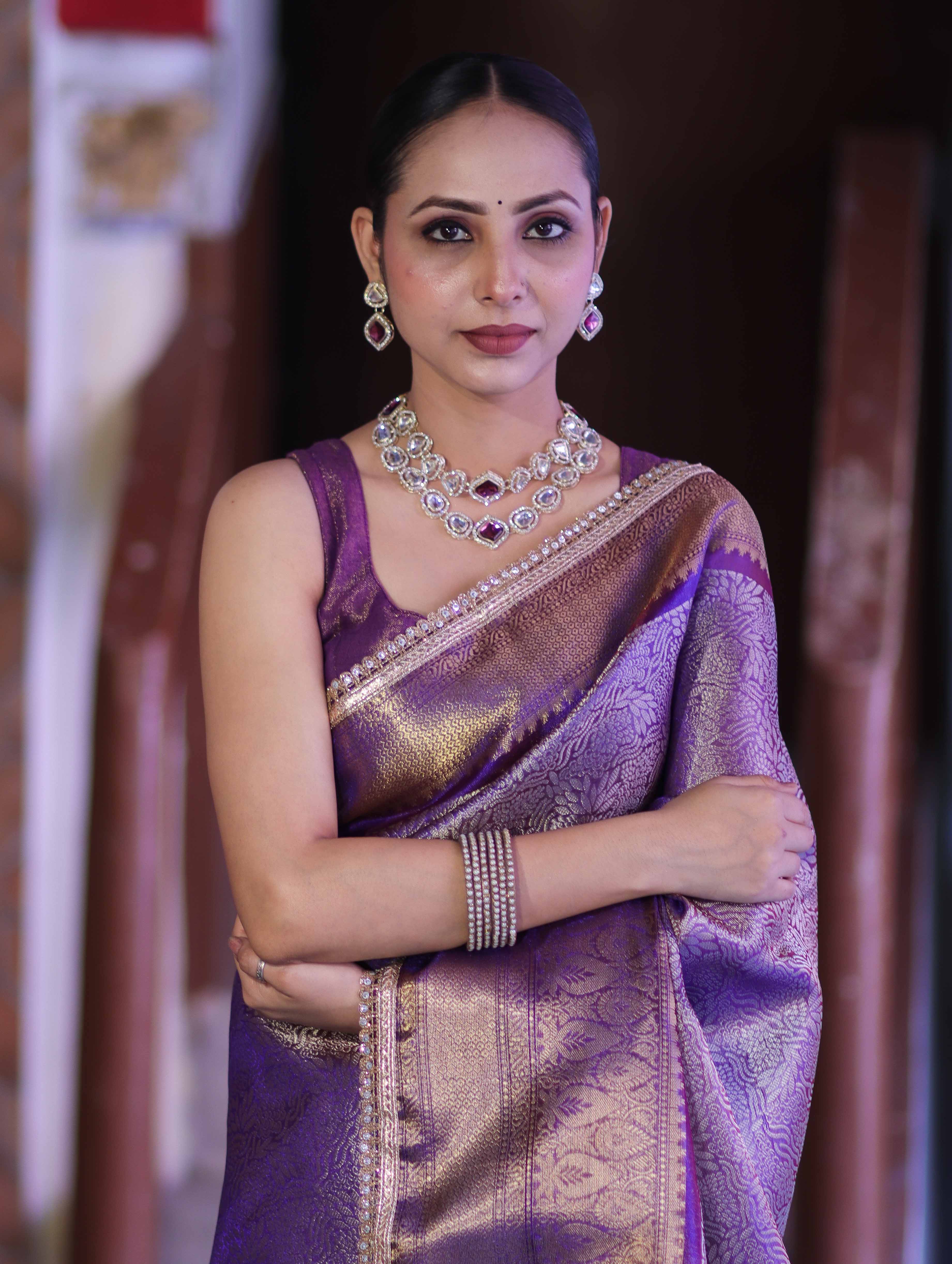 Banarasee Handloom Tissue Saree With Zari Woven Design Broad Border & Lace-Purple