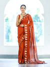 Banarasee Handloom Cotton Silk Saree With Zari Floral Border-Rust
