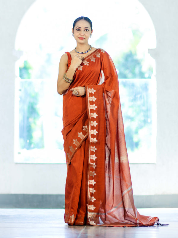 Banarasee Handloom Cotton Silk Saree With Zari Floral Border-Rust
