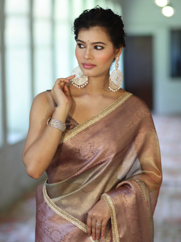 Banarasee Handwoven Tissue Saree With Digital Print & Lace-Onion Pink