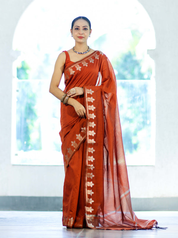 Banarasee Handloom Cotton Silk Saree With Zari Floral Border-Rust