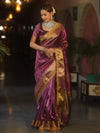 Banarasee Handwoven Plain Tissue Saree With Zari Border & Lace-Plum