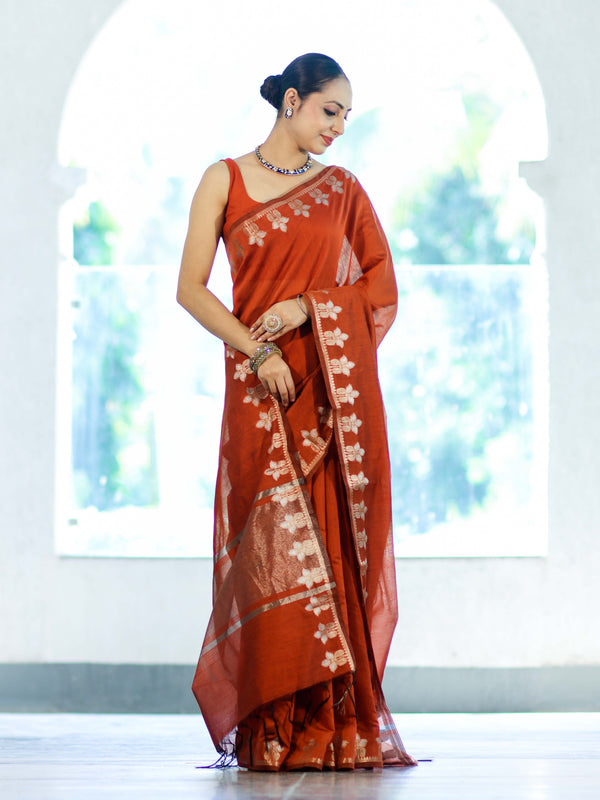 Banarasee Handloom Cotton Silk Saree With Zari Floral Border-Rust