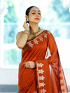 Banarasee Handloom Cotton Silk Saree With Zari Floral Border-Rust